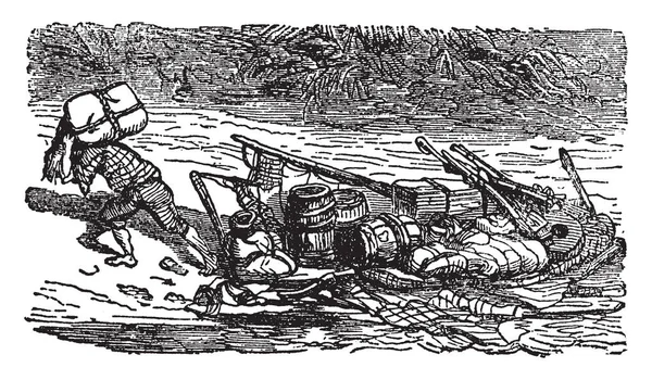鲁滨逊克鲁索登陆掠夺 这个场景显示一个人背着袋 在地面上的枪和桶 复古线条画或雕刻插图 — 图库矢量图片