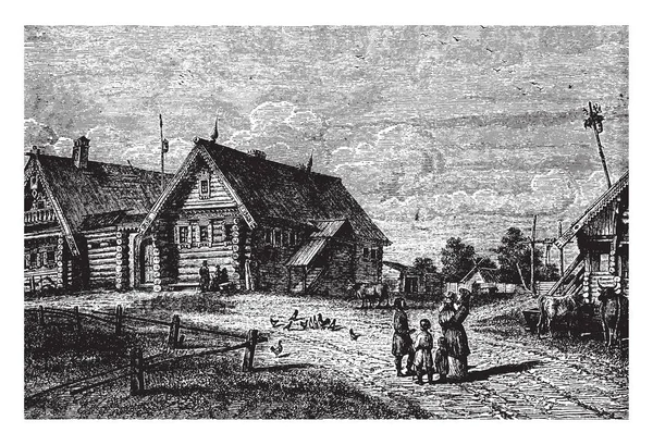 Villaggio Russo Che Villaggio Russia Durante Fine Del 1800 Disegno — Vettoriale Stock