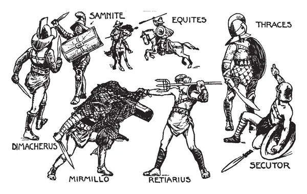 Deze Afbeelding Zijn Verschillende Soorten Gladiatoren Elk Type Met Zijn — Stockvector