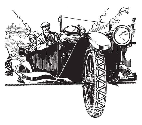 Automóvil Antiguo Con Neumático Primer Plano Dibujo Línea Vintage Ilustración — Vector de stock