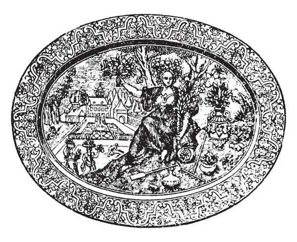 Palissy Dish Belle Jardiniere Глиняная Посуда Цветными Вставками Винтажным Рисунком — стоковый вектор
