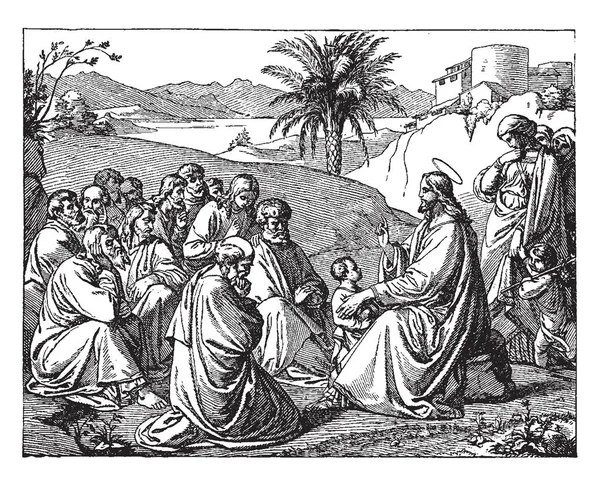 Иисус Учит Смирению Маленького Ребенка Сцена Показывает Иисуса Сидящего Камне — стоковый вектор