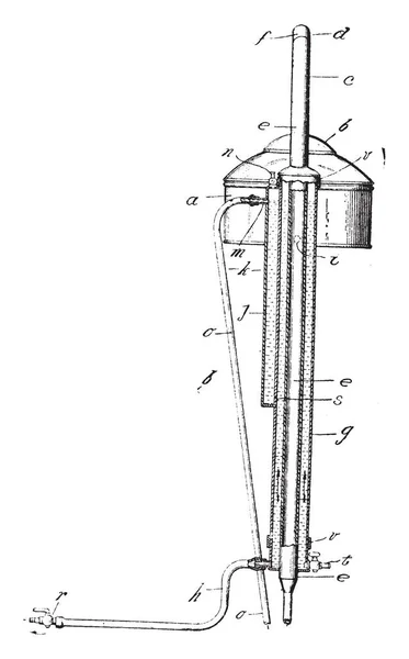 丸みを帯びた渡した設計が混和性液体と それから凝縮蒸気管 ビンテージの線描画や彫刻イラストを通って送信してそれを蒸留するためのデバイス — ストックベクタ