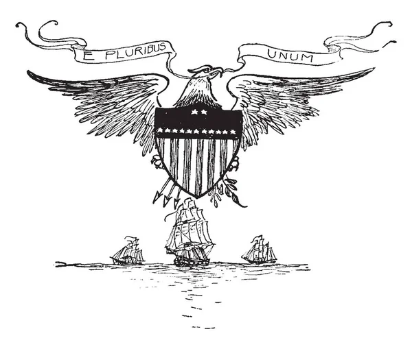1956年以前的美国座右铭 这只海豹有宽翅膀鹰 其座右铭 Uribus Unum 的胸部有盾牌 并持有树枝的树和箭 船舶和海的背景 复古线绘制或雕刻插图 — 图库矢量图片