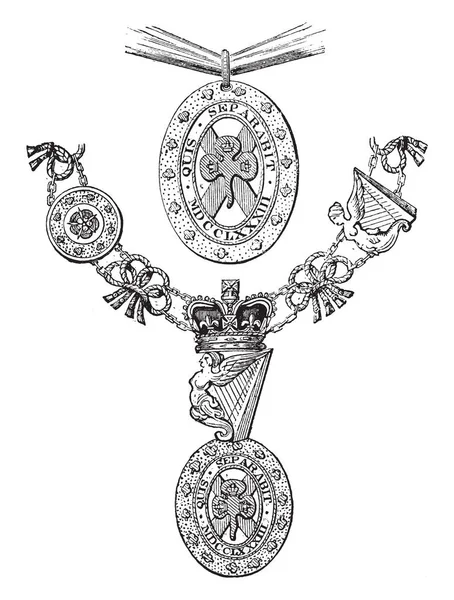 圣帕特里克勋章的徽章穿在右肩 复古线画或雕刻插图 — 图库矢量图片