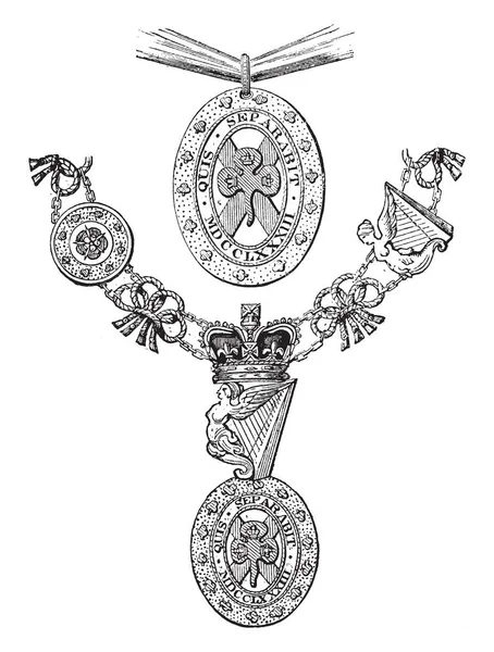 Insignia Order of St. Patrick sağ omuz, vintage çizgi çizme veya oyma illüstrasyon üzerinden giyilen.
