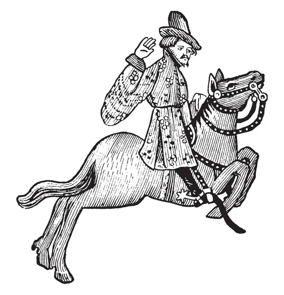 Merchant Picture Shows Merchant Riding Horse Raising Right Hand Vintage — Stock Vector