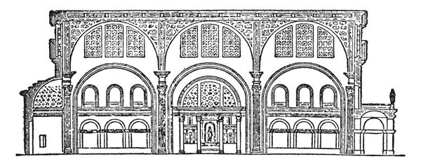 Basilica, used to describe an ancient Roman public building, often had a central nave and aisles, important Roman Catholic church, vintage line drawing or engraving illustration.