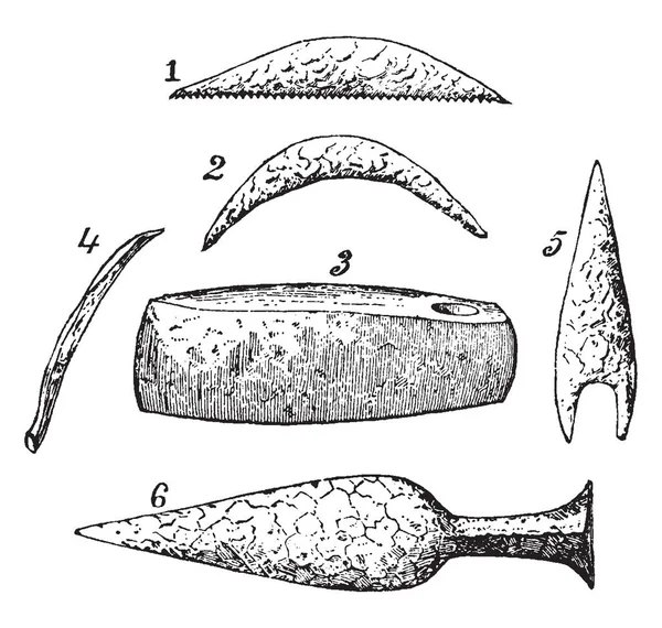 この写真 ビンテージの線描画や彫刻イラストで石器時代のツール デザイン — ストックベクタ
