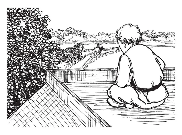 Ein Junge Der Auf Der Terrasse Des Hauses Sitzt Und — Stockvektor