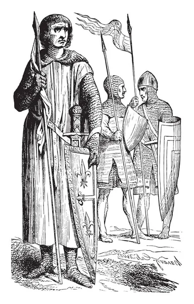 Warriors Twelfth Century Vintage Engraved Illustration Industrial Encyclopedia Lami 1875 — Stock Vector