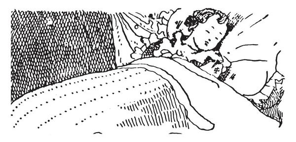 Ребенок Спит Постели Этой Картинке Рисунок Винтажной Линии Гравировка Иллюстрации — стоковый вектор