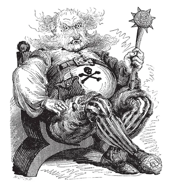 Гигантский Король Посохом Сидящим Стуле Винтажным Рисунком Завораживающей Иллюстрацией — стоковый вектор