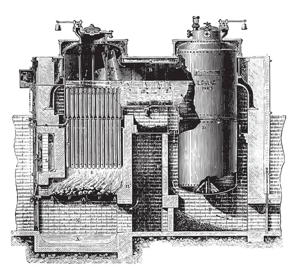 組み合わせのボイラー デュラック システム ビンテージの刻まれたイラスト 産業百科事典 1875 — ストックベクタ