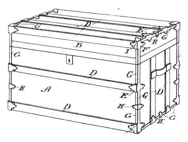 ストレージ ビンテージの線描画や彫刻イラストとして使用されるふた付き長方形の金属製のボックスは 長方形のトランク トリム — ストックベクタ