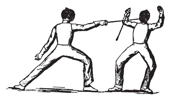 玩家使用 最佳招架 技术的击剑 其中一个球员是击中对方的球员脸与边缘点的剑 复古线条画或雕刻插图 — 图库矢量图片