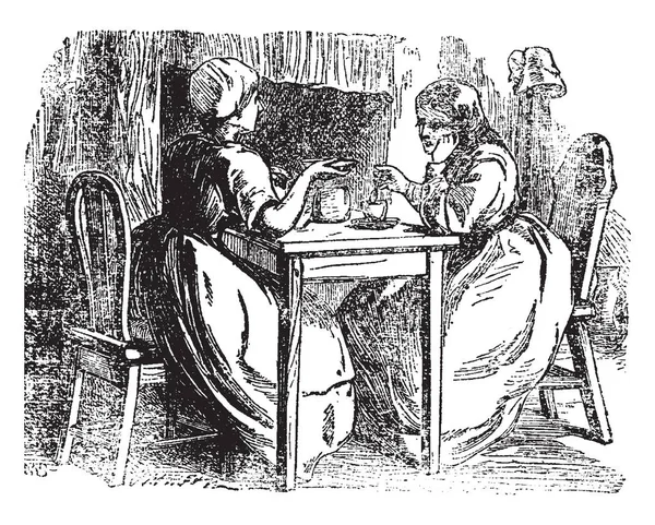 Lisbeth の話からシーンこのシーン女性 人を示しています何かを議論し それらの間にテーブルと椅子の上に座って テーブル ビンテージの線描画や彫刻イラストのカップに維持 — ストックベクタ