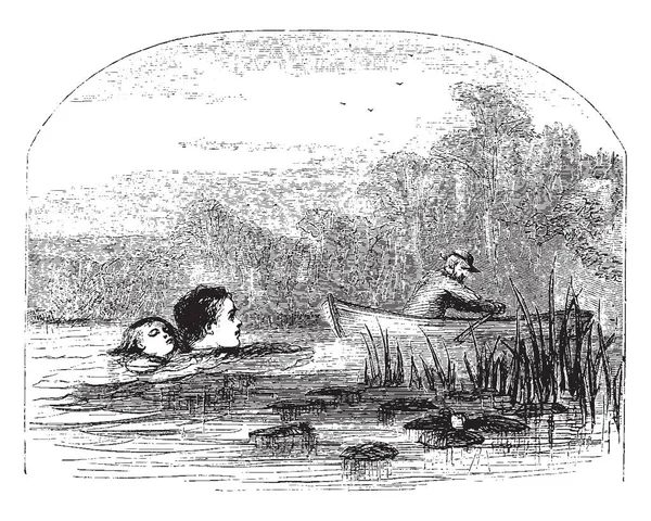 Мужчина Каноэ Дети Плавают Рядом Пруду Рисуя Винтажные Линии Гравируя — стоковый вектор