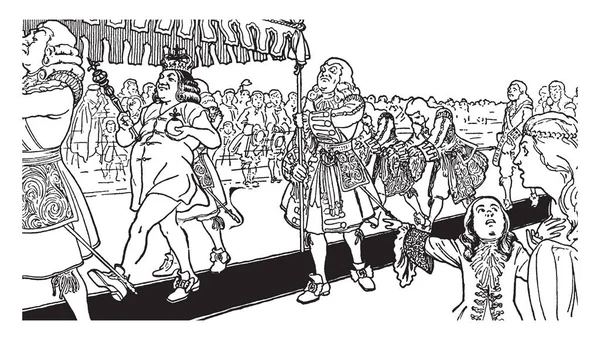 皇帝的新衣服 这个场景显示皇帝在新衣服和步行与士兵和其他人看着他们 复古线条画或雕刻插图 — 图库矢量图片