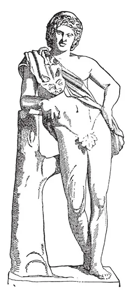 このイメージの人間像がある それは木製の柱で立っています 彼の肩に布があると 彼は彼の背中 ヴィンテージの線画にローリングやイラストを彫刻 — ストックベクタ