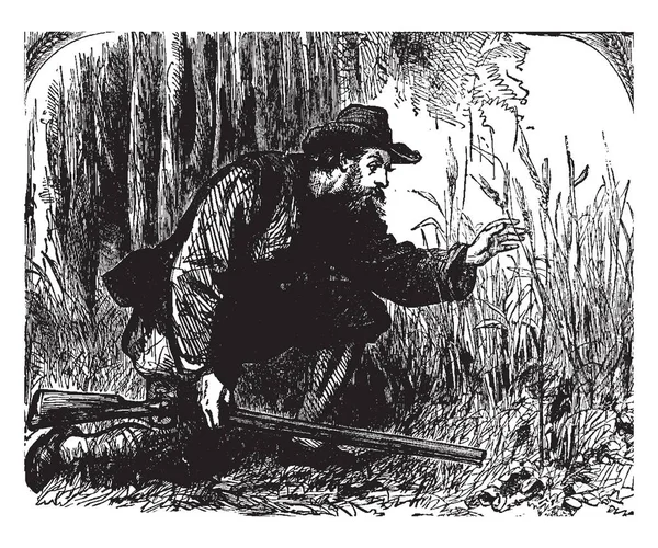 罗宾逊发现大麦生长 这个场景显示一个男子坐在膝盖上的枪 看生长大麦 复古线条画或雕刻插图 — 图库矢量图片