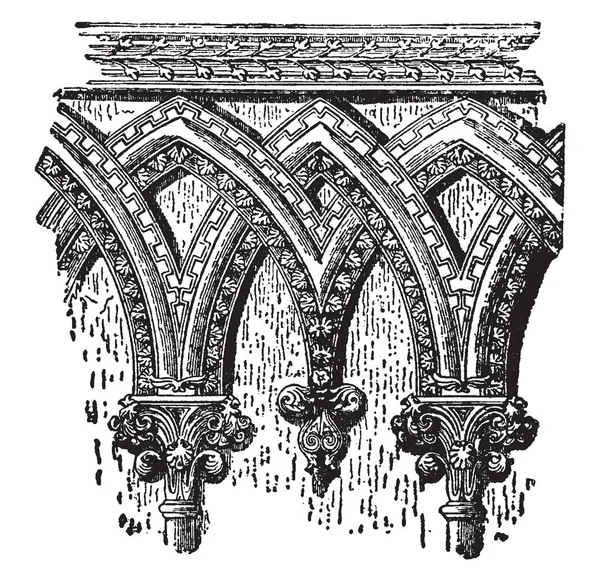 Drontheim 在建筑 楣梁的部分 楣梁之间 徽记在多立克顺序 复古线条画或雕刻插图 — 图库矢量图片