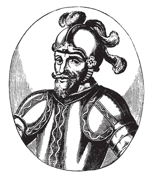 阿朗佐 阿尔瓦拉多 15081555 他是一个西班牙征服者探索秘鲁 复古线条画或雕刻插图 — 图库矢量图片