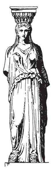 Greek Caryatid,  a female figure, support in place of a column, found in the temple of Erechtheum, vintage line drawing or engraving illustration. 