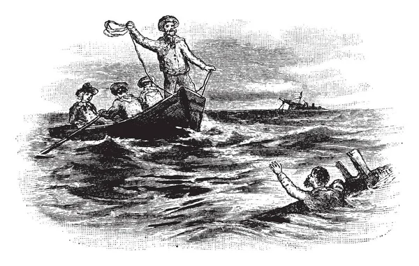 船が難破した後ライフ ラインを投げているセーラー ヴィンテージの線描画や彫刻イラストである難破させられた船員 — ストックベクタ