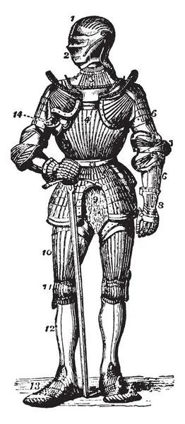 Homme Uniforme Armure Dessin Ligne Vintage Illustration Gravure — Image vectorielle