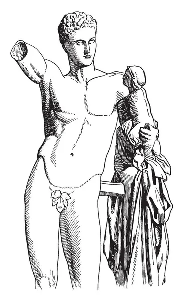 ギリシャ人の宗教 ビンテージの線の描画や彫刻イラストのオリンピアの神としても知られている神々 の使者プラクシテレスのヘルメスの像 — ストックベクタ