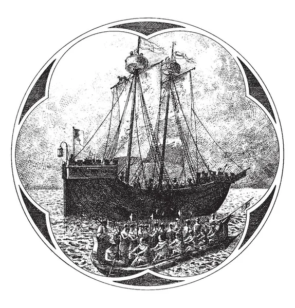 十四世纪战争船和驳船用来运输战士 复古线图画或雕刻例证 — 图库矢量图片