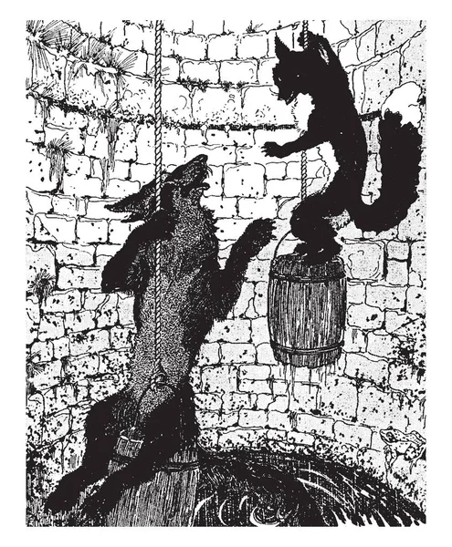 キツネとオオカミのバレル ビンテージの線描画や彫刻イラストに付すロープによって井戸から出てくるキツネとオオカミ このシーンを示しています — ストックベクタ