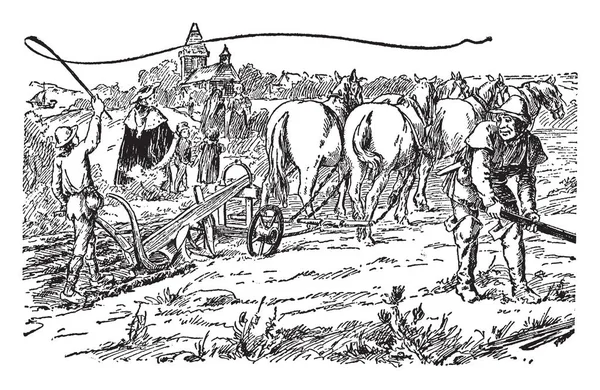클로스와 클로스 장면은 농부가 남자의 도움으로 자신의 빈티지 그림에 어린이 — 스톡 벡터