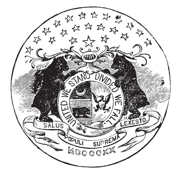 美国密苏里州的官方印章在 1889年 印章的中心由两部分组成 右侧秃鹰和左侧月亮 它有两个熊和星星围绕内圈 复古线条画或雕刻插图 — 图库矢量图片