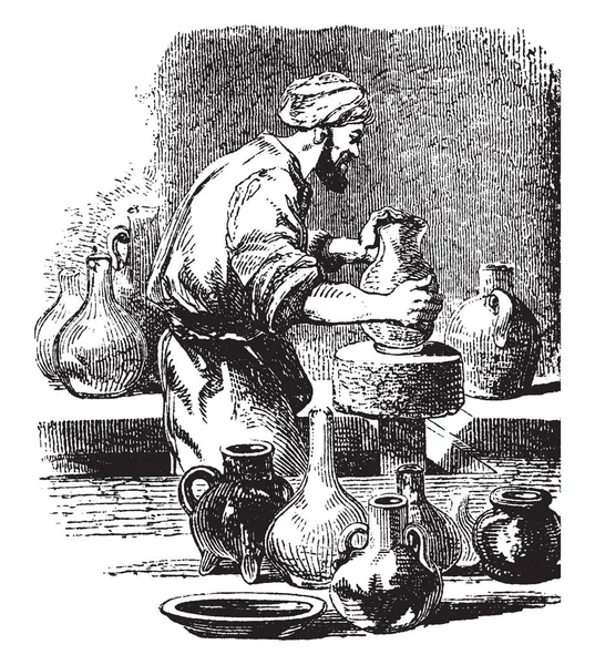 陶工は 陶器を作る人 彼らはポットや泥 ビンテージの線描画や彫刻の図を使用して Potterywares にセラミック材料を製作する技能 — ストックベクタ
