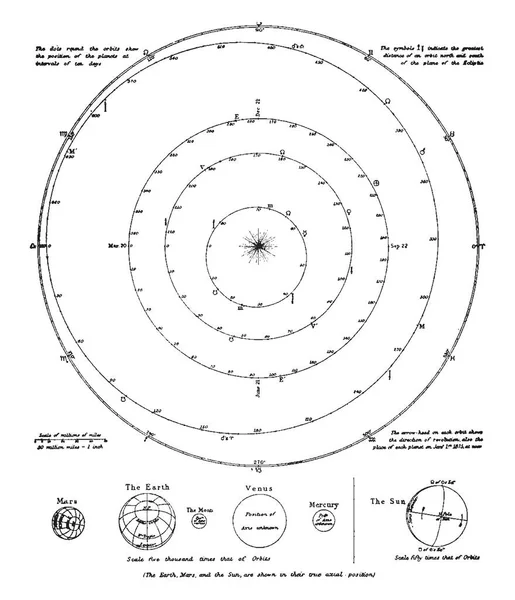 Orbit Gravitationella Bana Planeterna Deras Verkliga Axiella Position Vintage Linje — Stock vektor
