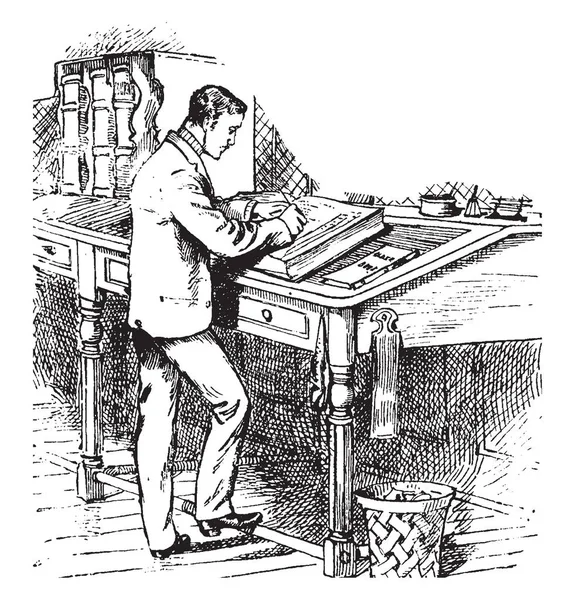 人写作或站立在写字台 复古线条画或雕刻插图 — 图库矢量图片