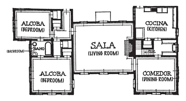 Dům Blueprint Tituly Španělské Štuky Stěn Červený Jíl Dlaždicovými Střechami — Stockový vektor