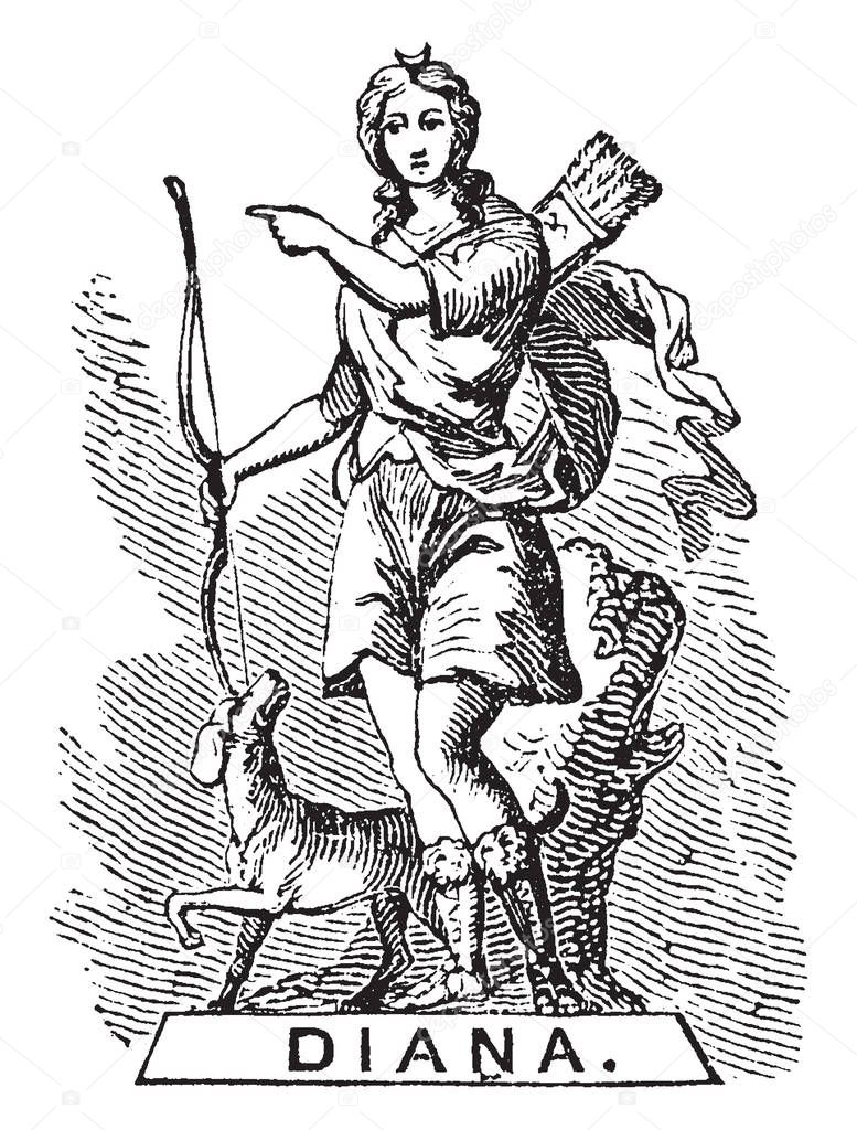 In this image there is a statue of a woman, she has a bow arrow in her hand and a sharp bag on her back and a dog with her, vintage line drawing or engraving illustration.