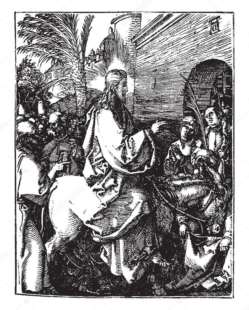 Jesus sat on horseback and came into crowd in front of gate.palm trees can seen in this image, vintage line drawing or engraving illustration.