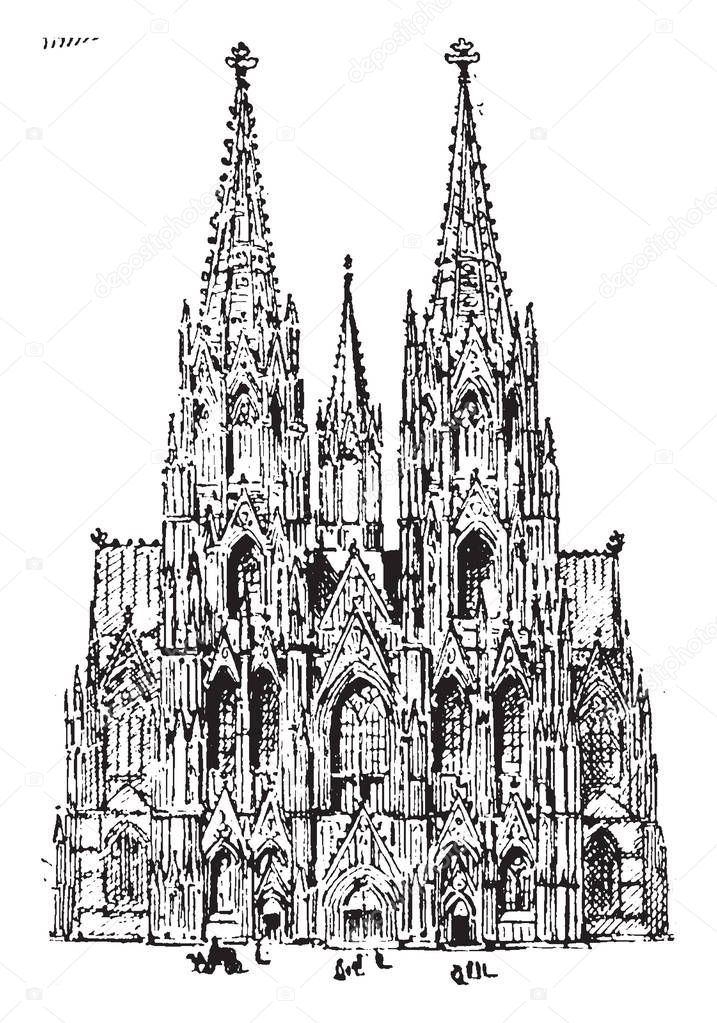 In this picture beautiful West fronts view of the Cologne Cathedral in Germany. People roaming around the church, vintage line drawing or engraving illustration.