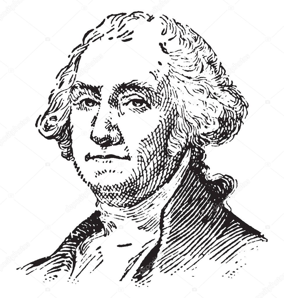 George Washington, 1732-1799, he was an American statesman, soldier, the first president of the United States from 1789 to 1797 and commander-in-chief of the continental army, vintage line drawing or engraving illustration