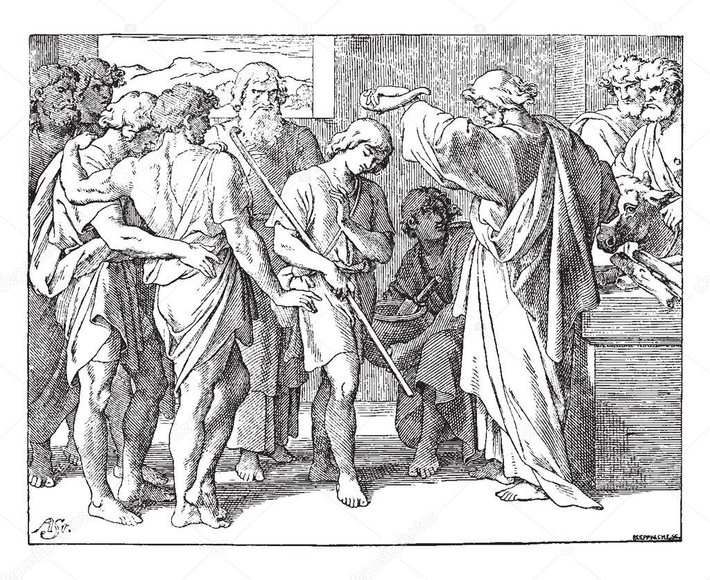Samuel Anointed David at Bethlehem, this scene shows an old man holding horn of oil and applying oil on head of young boy standing next to him, other people looking at them, vintage line drawing or engraving illustration