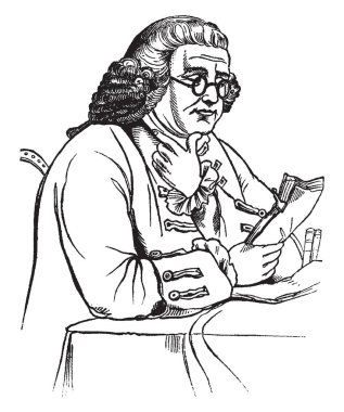Benjamin Franklin was one Founding Fathers of United States of America, glasses, author, inventors, Political theorist, Scientist, thinking, vintage line drawing or engraving illustration. clipart