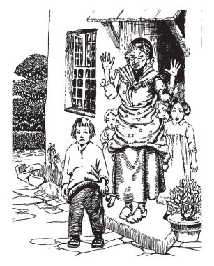 Kapı ve onları, vintage çizgi çizme uzak yürüme veya illüstrasyon oyma bir çocuk ayakta çocuklu yaşlı bir kadın