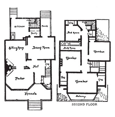 Bensonhurst'ta kat planları, tek aile ev, vintage çizgi çizme veya oyma illüstrasyon.