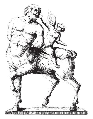 Bu resmi A centaur bir yarı insan yarı at efsanevi ediliyor. Küçük bir çocuk kanatları vardır ve o at, vintage çizim üzerinde oturan ya da illüstrasyon oyma.