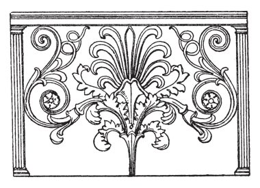 Kafes Parapet scrolls tasarımını, çubuk çatı, korkuluk, vintage çizgi çizme veya oyma illüstrasyon plaka paralel bükük.