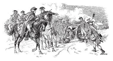George, 26 Aralık 1776 Amerikan Bağımsızlık Savaşı, vintage çizim sırasında New Jersey Trenton'da savaş, topçu yönlendiren veya illüstrasyon oyma Washington bir çizimi.